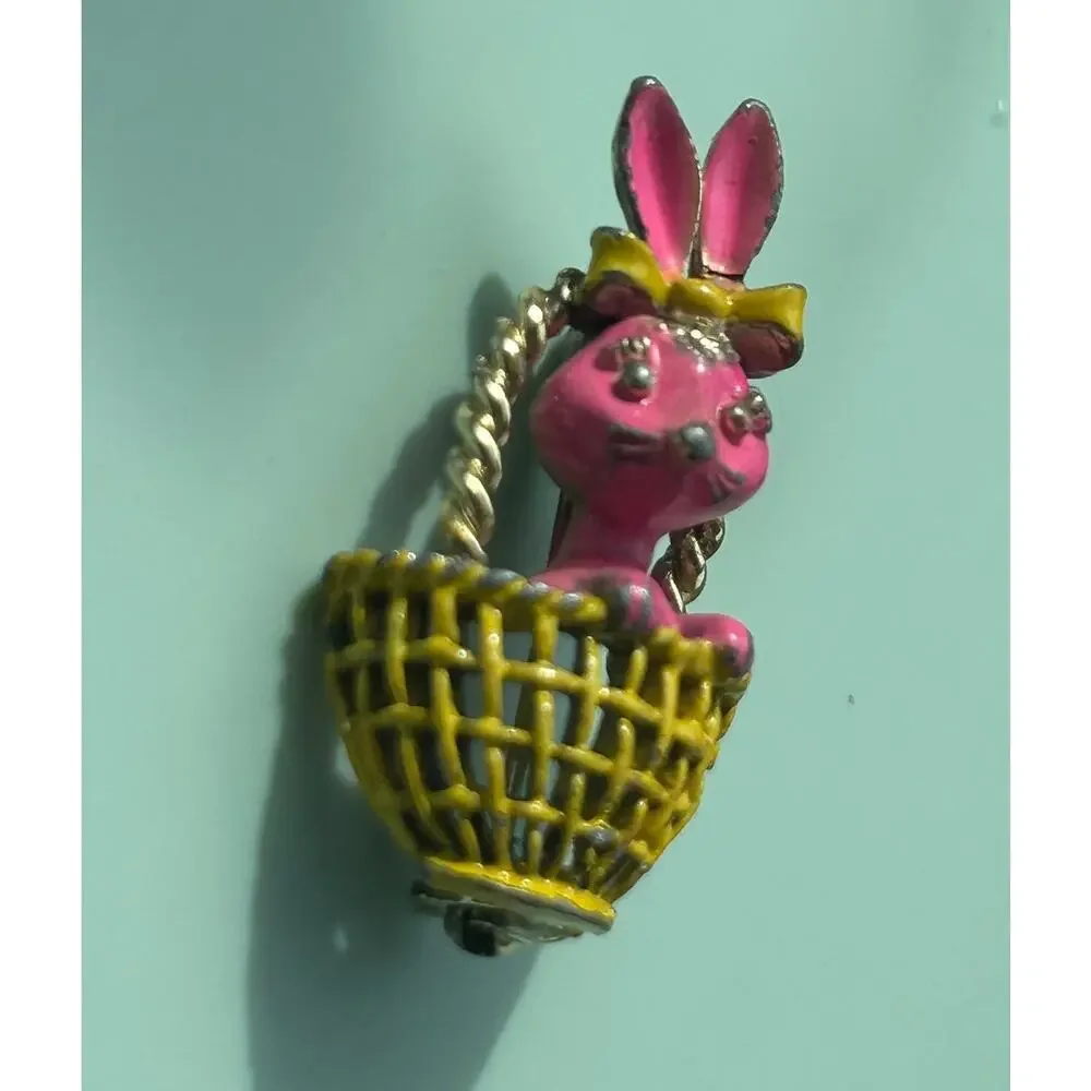 Vintage Hand-Painted Enamel Bunny in Basket Brooch | Easter Pink Rabbit Pin